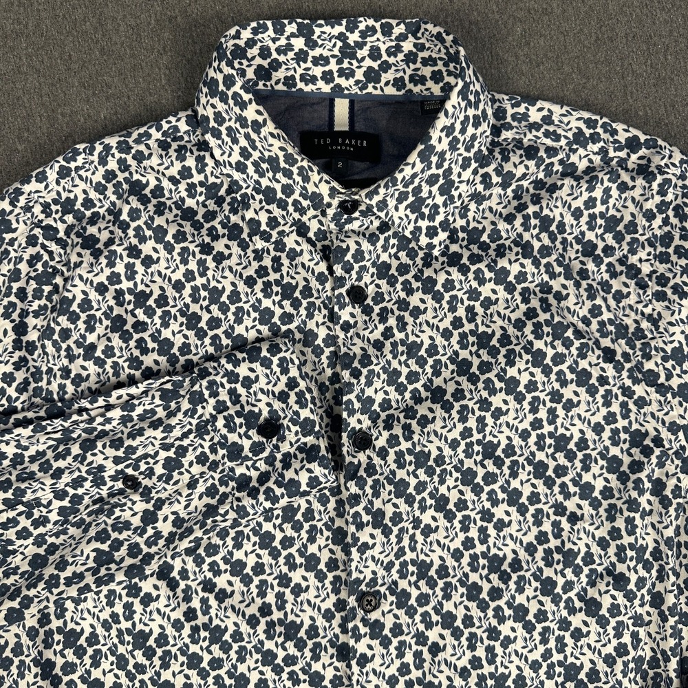 Ted Baker London Mens Slim Fit Floral Button Up Shirt 2 Navy White Long Sleeve